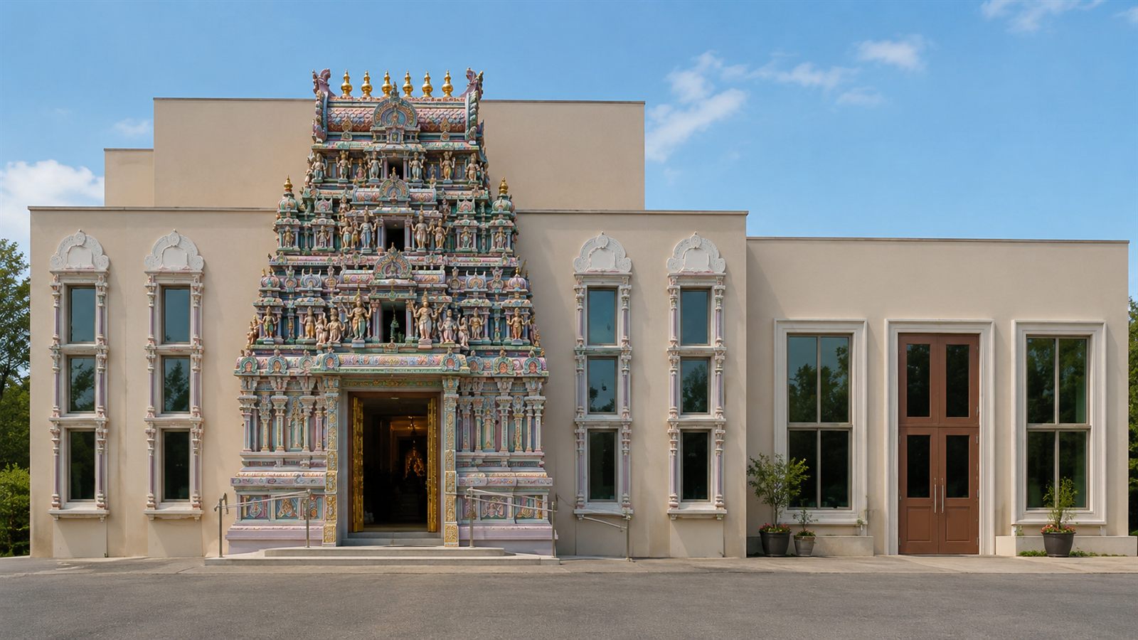 A Hindu temple building with an ornately carved and painted gopuram tower above the main entrance.